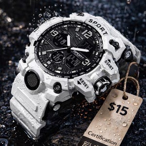 Puede incluir: Reloj deportivo digital blanco y negro con una correa texturizada. La esfera del reloj muestra la hora y otras funciones. La palabra "SPORT" est&aacute; impresa en la esfera. Se adjunta una etiqueta con el n&uacute;mero "$15".