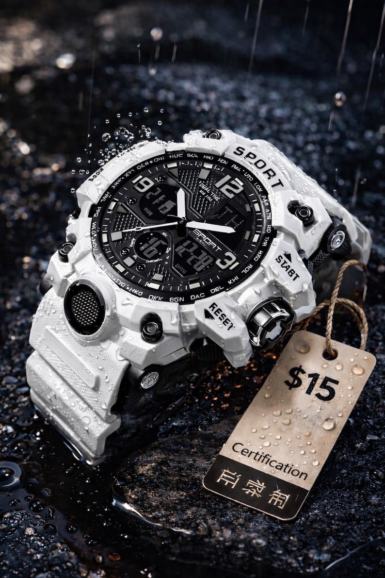 Puede incluir: Reloj deportivo digital blanco y negro con una correa texturizada. La esfera del reloj muestra la hora y otras funciones. La palabra "SPORT" est&aacute; impresa en la esfera. Se adjunta una etiqueta con el n&uacute;mero "$15".