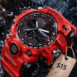Puede incluir: Reloj deportivo digital rojo con esfera negra y m&uacute;ltiples pantallas. El reloj tiene una correa y botones rojos, con la palabra "SPORT" impresa en el bisel. El reloj tiene una etiqueta de precio adjunta.