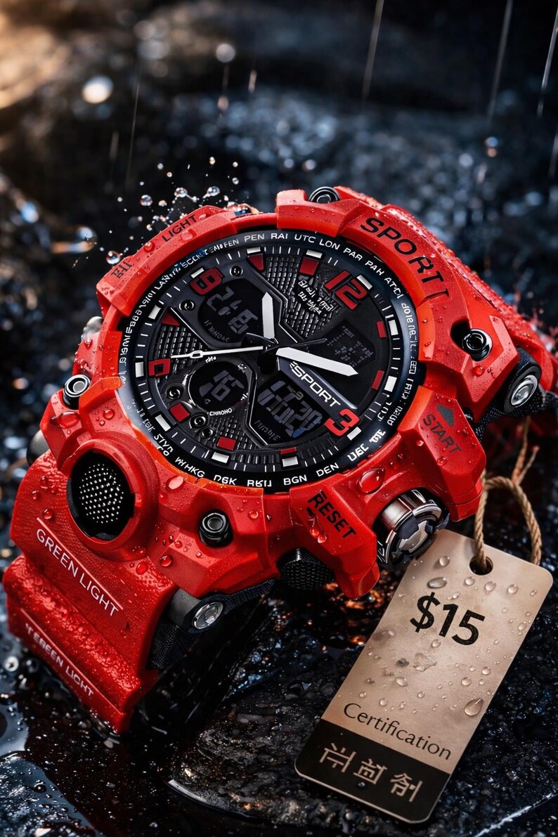 Puede incluir: Reloj deportivo digital rojo con esfera negra y m&uacute;ltiples pantallas. El reloj tiene una correa y botones rojos, con la palabra "SPORT" impresa en el bisel. El reloj tiene una etiqueta de precio adjunta.