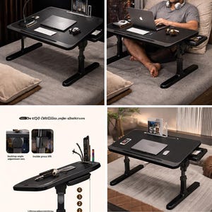 May include: Black adjustable laptop desk with a built-in tablet holder, keyboard tray, and lamp. The desk has a liftable range of 24-32 cm and is 40 cm wide. Features include a desktop angle adjustment axis and inside press lift.
