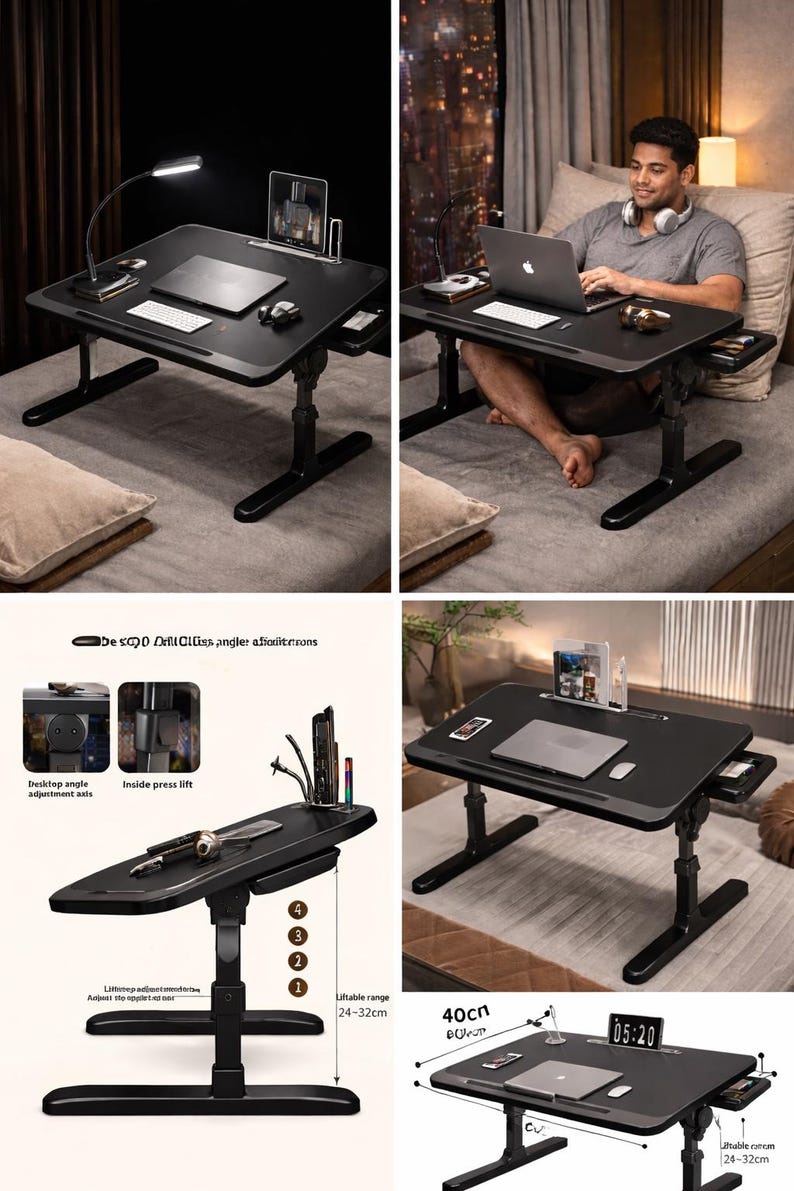 May include: Black adjustable laptop desk with a built-in tablet holder, keyboard tray, and lamp. The desk has a liftable range of 24-32 cm and is 40 cm wide. Features include a desktop angle adjustment axis and inside press lift.