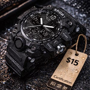 Puede incluir: Reloj deportivo digital negro con correa y esfera texturizadas. El reloj presenta m&uacute;ltiples pantallas digitales y botones, con la palabra "SPORT" impresa en la esfera. Una etiqueta con el n&uacute;mero $15 est&aacute; adjunta.