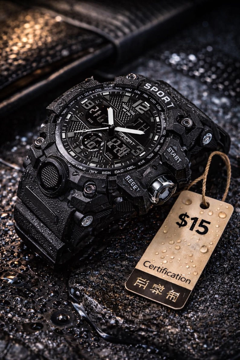 Puede incluir: Reloj deportivo digital negro con correa y esfera texturizadas. El reloj presenta m&uacute;ltiples pantallas digitales y botones, con la palabra "SPORT" impresa en la esfera. Una etiqueta con el n&uacute;mero $15 est&aacute; adjunta.