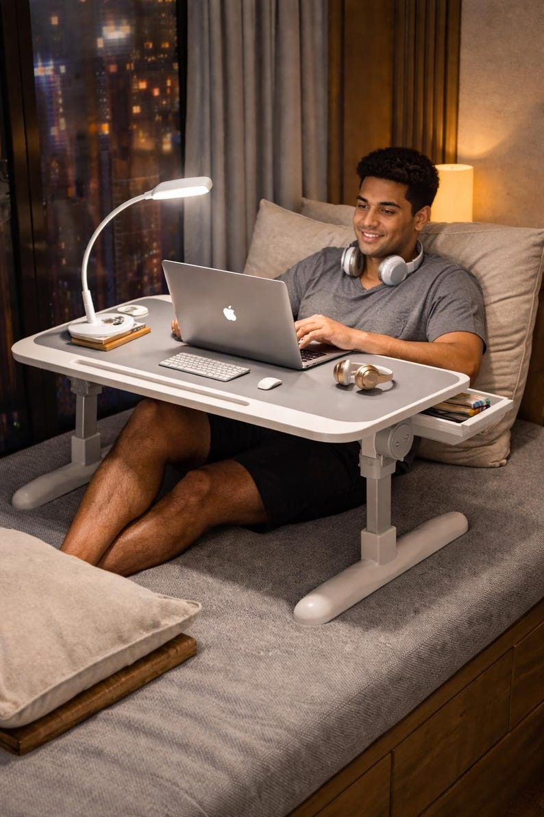 May include: A grey and white adjustable laptop desk with a built-in drawer, a white desk lamp, and a laptop. The desk is supported by white legs and is positioned over a bed. A person is using the laptop.