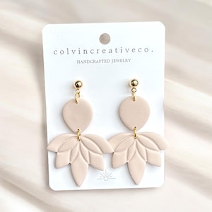 Handmade Boho Polymer Clay Dangle Earrings: Neutral Minimalist Style