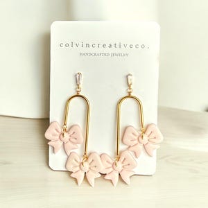 bow dangle earrings, gifts for her, coquette aesthetic, ribbon drop earrings, dainty statement jewelry, trendy bows, bow clay earrings