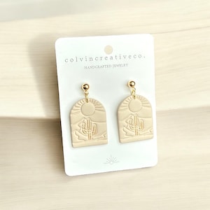 Neutral Minimalist Western Scene Polymer Clay Earrings – Cowboy Desert Landscape Jewelry, Western Boho Earrings, Handmade Statement Earrings