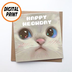 Carte di buon compleanno stampabili, cartoline digitali, divertente gatto meme simpatico gatto bianco carta di buon compleanno