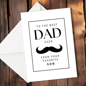Cartão de Dia dos Pais - "Para o melhor pai - Do seu filho favorito" | Cartão engraçado com bigode | Download instantâneo para impressão