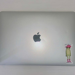 May include: A silver laptop computer with a sticker of a green frog wearing a pink cowboy hat and boots. The sticker says "You're a cowboy like me".