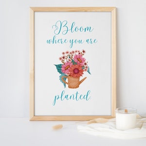 May include: A framed print featuring a watercolour illustration of a bouquet of flowers in a watering can. The text "Bloom where you are planted." is written in teal blue cursive font.
