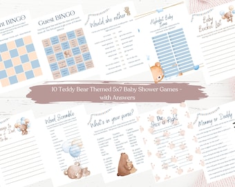 Teddy Bear Baby shower game printable bundle; 10 baby shower downloadable games; Teddy Bear theme baby shower; baby shower games for boy