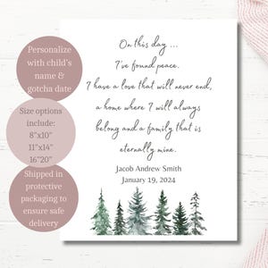 May include: A printable art print with a watercolor illustration of a forest with a quote about finding peace and family. The quote reads "On this day... I've found peace. I have a love that will never end, a home where I will always belong and a family that is eternally mine." The print also includes the name "Jacob Andrew Smith" and the date "January 19, 2024".
