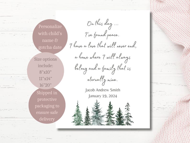 May include: A printable art print with a watercolor illustration of a forest with a quote about finding peace and family. The quote reads "On this day... I've found peace. I have a love that will never end, a home where I will always belong and a family that is eternally mine." The print also includes the name "Jacob Andrew Smith" and the date "January 19, 2024".