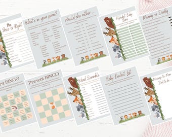 Woodland Baby shower game printable bundle; 10 baby shower downloadable games; Woodland theme baby shower; baby animal baby shower games