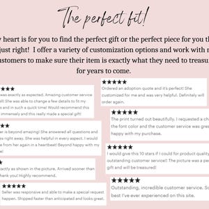 May include: Five-star customer reviews for a shop that offers personalized gifts. The reviews highlight the shop's excellent customer service, quick turnaround time, and high-quality products.