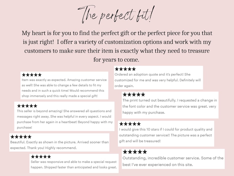 May include: Five-star customer reviews for a shop that offers personalized gifts. The reviews highlight the shop's excellent customer service, quick turnaround time, and high-quality products.