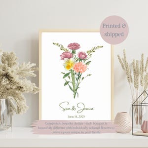Custom Valentine&#39;s Day Gift; Bespoke wedding keepsake; Wedding Birth Month Flower Print; Custom Anniversary Birth Month Flower Bouquet Print