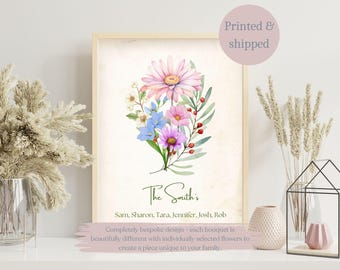 Gift for Mom; Bespoke Boho Family Birth Flower Bouquet; Birth Month Flower Print; Custom Birth Month Flower Print; Custom Family Garden
