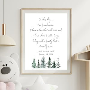 May include: A printable art print with a watercolor illustration of a forest with a quote about finding peace, love, and family. The text reads: "On this day... I've found peace. I have a love that will never end, a home where I will always belong and a family that is eternally mine." The print is personalized with the name "Jacob Andrew Smith" and the date "January 19, 2024".
