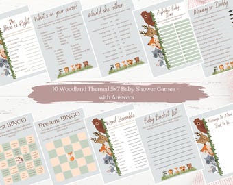 Paquete de juegos para baby shower con temática de bosque, 5x7 (descarga digital)