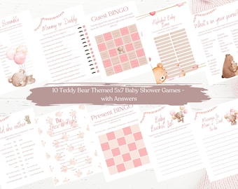 Teddy Bear Baby shower game printable bundle; 10 baby shower downloadable games; Teddy Bear theme baby shower; baby shower games for girl