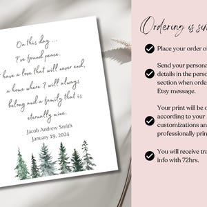 May include: A printable quote about finding peace, love, and family. The quote reads "On this day... I've found peace. I have a love that will never end, a home where I will always belong and a family that is eternally mine." The quote is printed on a white background with a watercolor illustration of a forest.