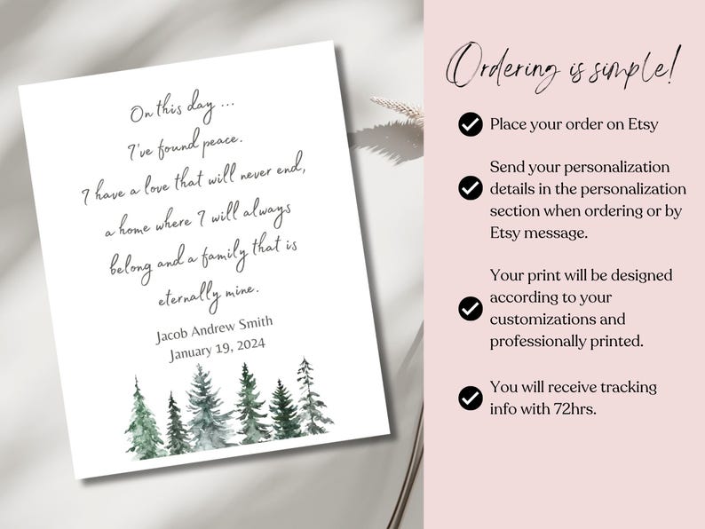 May include: A printable quote about finding peace, love, and family. The quote reads "On this day... I've found peace. I have a love that will never end, a home where I will always belong and a family that is eternally mine." The quote is printed on a white background with a watercolor illustration of a forest.