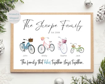Customized Mother's Day Gift; Biking Family Portrait; Gift for Mom; Custom Family Name Print; Personalized Family Biking Wall Art Print