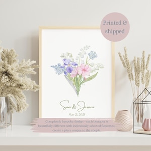Custom Wedding Gift; Bespoke wedding keepsake; Wedding Birth Month Flower Print; Custom paper Anniversary Birth Month Flower Bouquet Print
