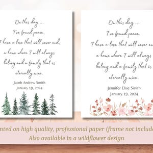 May include: Two printable wedding vow cards with a watercolor forest scene on the left and a watercolor floral scene on the right. The text reads "On this day... I've found peace. I have a love that will never end, a home where I will always belong and a family that is eternally mine." The cards are personalized with the names Jacob Andrew Smith and Jennifer Elise Smith and the date January 19, 2024.