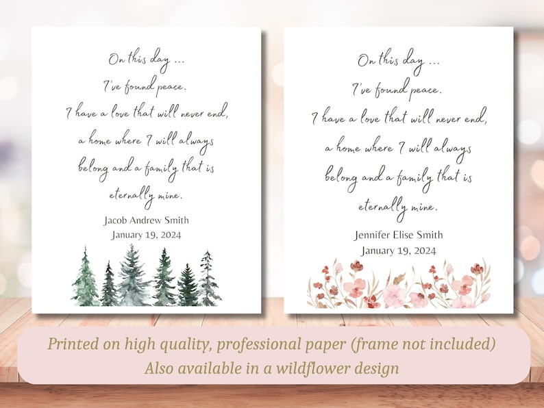 May include: Two printable wedding vow cards with a watercolor forest scene on the left and a watercolor floral scene on the right. The text reads "On this day... I've found peace. I have a love that will never end, a home where I will always belong and a family that is eternally mine." The cards are personalized with the names Jacob Andrew Smith and Jennifer Elise Smith and the date January 19, 2024.