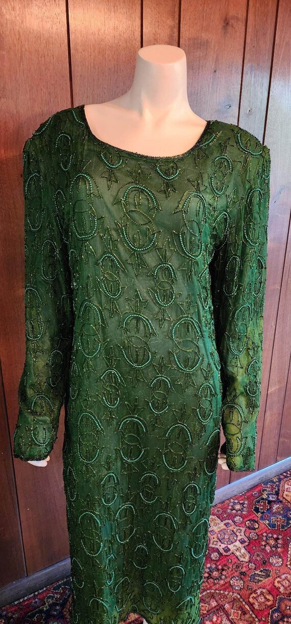 Vintage emerald-green beaded dress made with 100% 