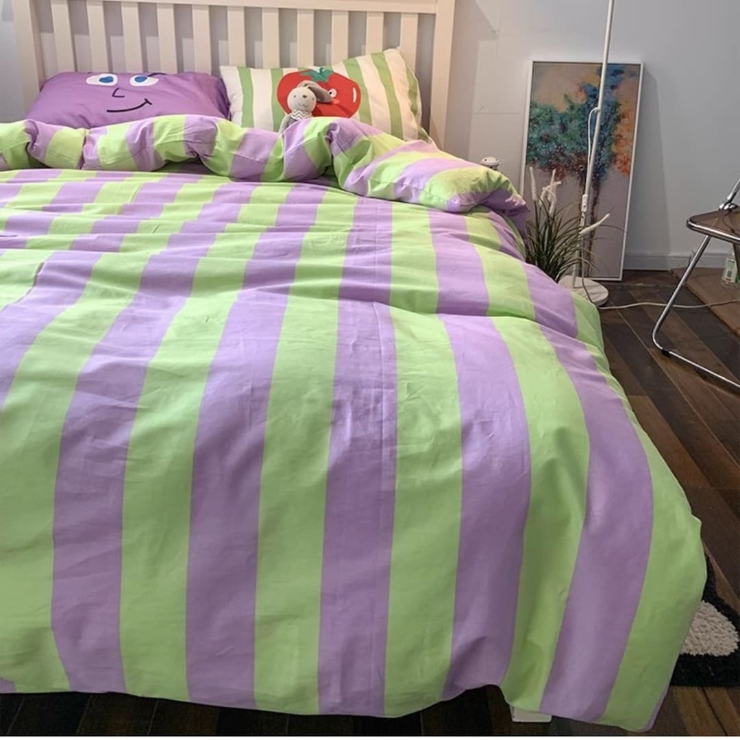 Striped Cotton Duvet Cover Twin, Green&purple Soft Duvet Cover Set