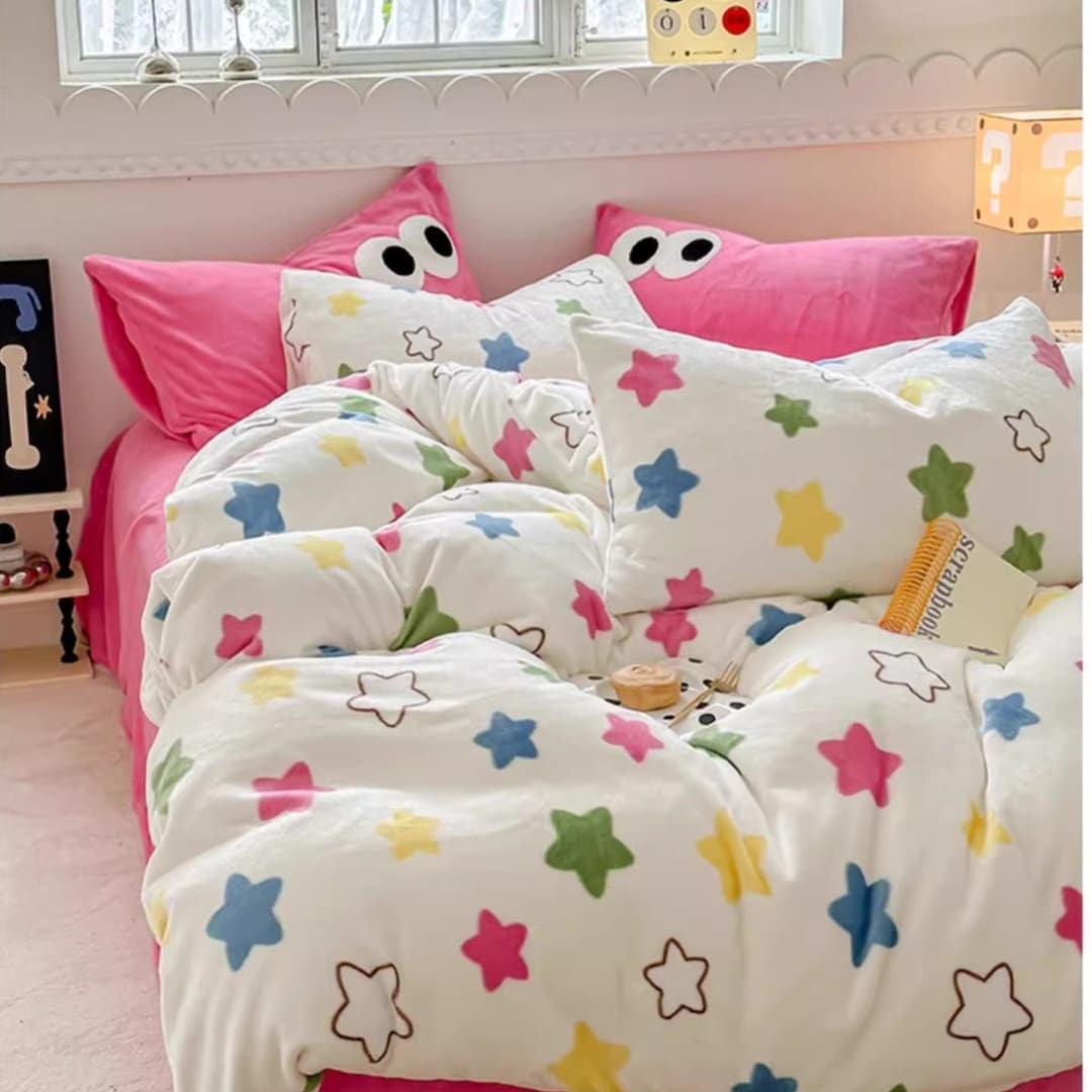 Colored Starry Soft Flannel Duvet Cover Twin Full, Warm Flannel Fitted