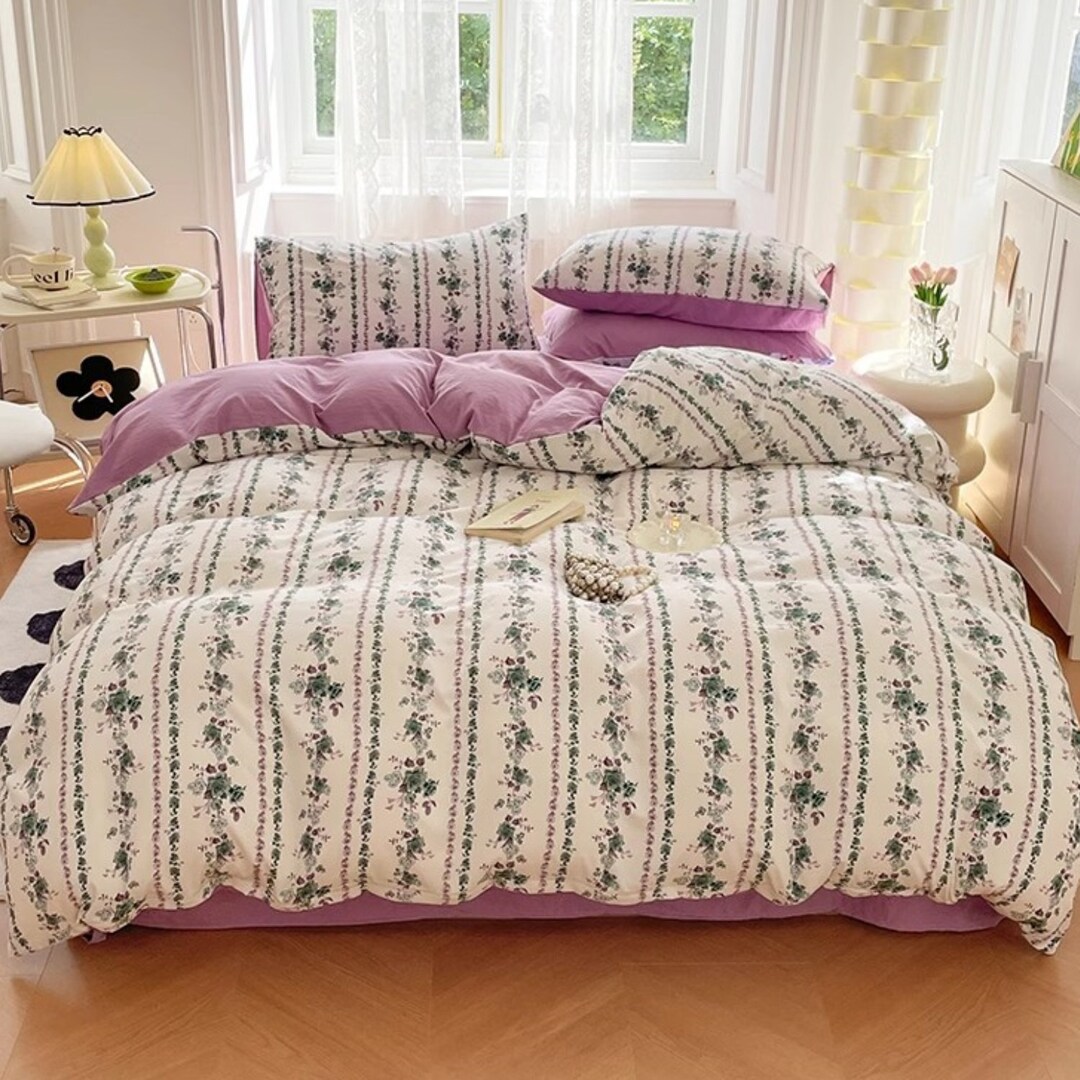 Double Side Cotton Duvet Cover Full, Soft Purple&floral Duvet Cover Set