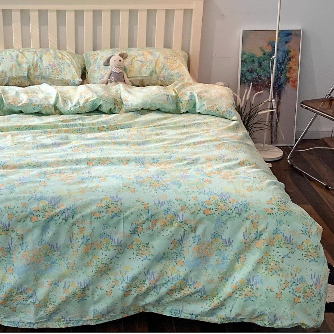 Vintage Floral Cotton Duvet Cover Set Twin, Nordic Soft Duvet Cover Set Full, Pink Flat Sheet