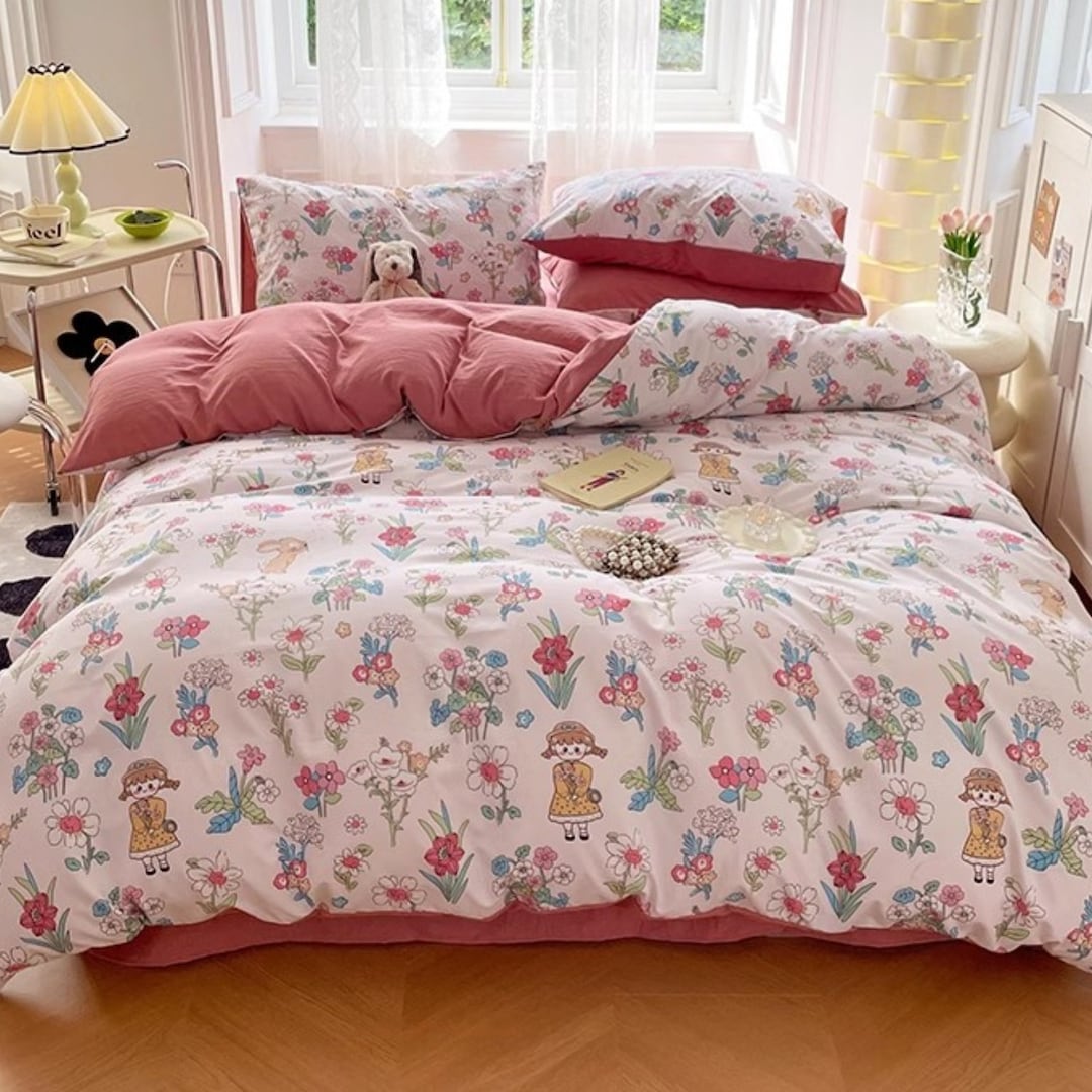 Double Side Cotton Duvet Cover Full, Soft Pink&floral Girl Duvet Cover