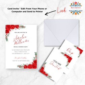 Classic Red Rose Floral Invitation, Card Invitation, Editable Card Invites, Bridal Shower Invitation, Download, Floral, Bridal Brunch