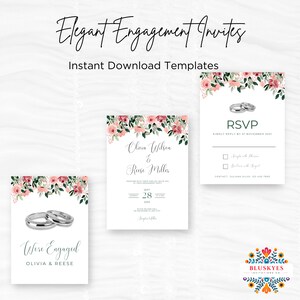 Elegant pink Roses Floral Engagement Invitation Card, Engagement Celebration Modern Invitation, InstantDownload, Printable Wedding