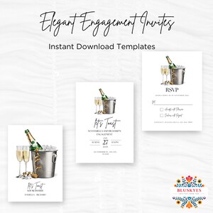 Editable Champagne Invitation, Printable Elegant Champagne Glasses Engagement Invitation Card, Bride-To-Be, Trendy Champagne invites