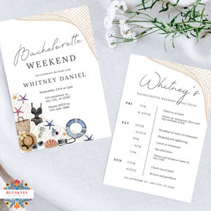 Beach and summer Bachelorette Weekend Itinerary | Tropical Bachelorette Weekend Itinerary Beach Party Planner | Editable Invitation Template
