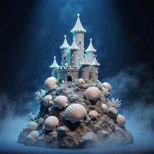 May include: A whimsical castle sculpture with multiple turrets and a stone facade. The castle is adorned with seashells and sits atop a rocky base, with coral accents. The background is a dark blue with a misty effect.