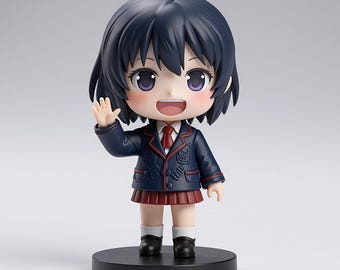 May include: A figurine of a smiling anime-style character in a school uniform. The figure has dark blue hair, purple eyes, and a red and navy blue outfit. It stands on a black circular base, with one hand raised in a wave.