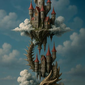 May include: A detailed sculpture of a castle with red-roofed turrets, seemingly floating above a dragon's spine. The stone castle rests on a cloud, with a dragon's head at the base. The background is a blue sky with fluffy clouds.