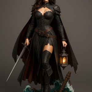 May include: A detailed statue of a pirate figure in a black outfit, holding a sword and a lantern. The figure wears a hat with a feather, a cape, and knee-high boots. The base features a ship's mast and waves.