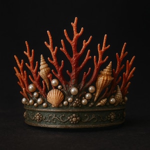 Può includere: Una corona con strutture color corallo, conchiglie e perle, su una base verde scuro. Il design è dettagliato e risalta su uno sfondo scuro, creando un contrasto suggestivo.