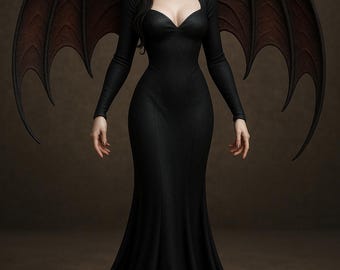 Puede incluir: Figura gótica de una mujer con largo cabello negro, ojos rojos y una corona dorada. Viste un largo vestido negro y tiene grandes alas oscuras. La figura se alza sobre una base de piedra con motivos de murciélagos.