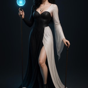 Puede incluir: Una figura con un vestido negro y blanco con una abertura alta, sosteniendo un bastón con un orbe azul brillante. La figura está sobre una plataforma con calaveras, un collar de media luna y un fondo oscuro.